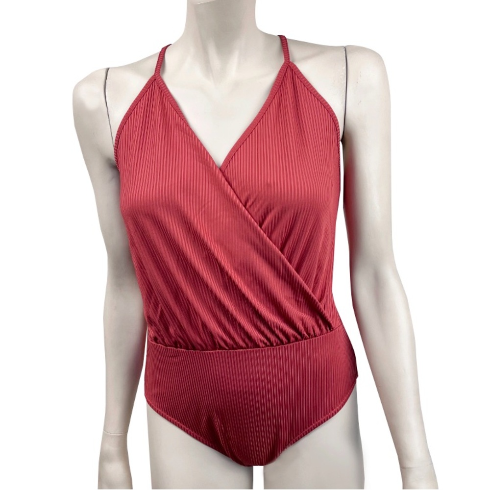 Love Tree Burnt‎ Orange Surplice Ribbed Bodysuit